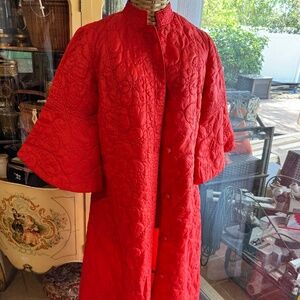 Vintage Bathrobe Orange Quilted Nylon Bell Sleeve Button Down Long Medium